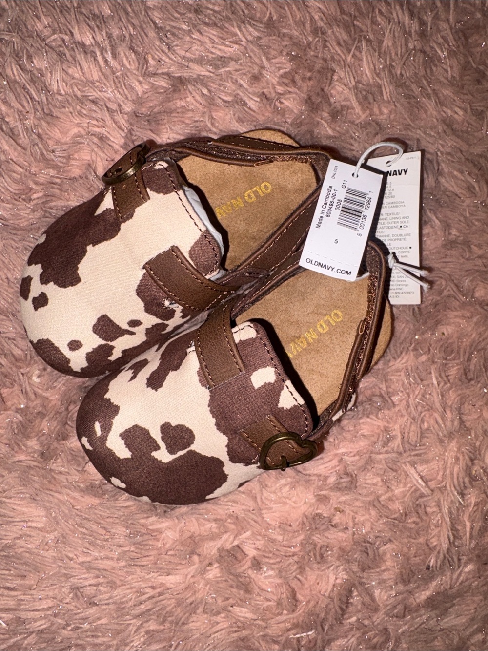 Old Navy Brown and Cream Cow-Print Baby Shoes with Buckle Strap 5c